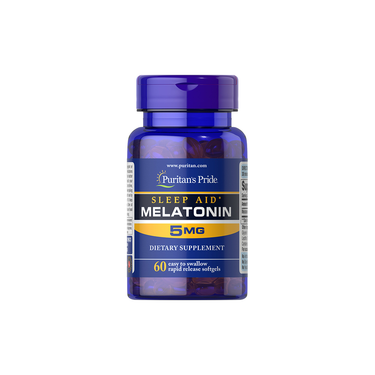 Puritan's Pride Melatonin 5 mg bottle contains 60 rapid release softgels. This blue-packaged sleep aid dietary supplement helps regulate the sleep hormone, ideal for those struggling with jet lag.